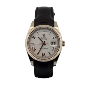 Rolex Day-Date 40 white gold watch on black leather strap