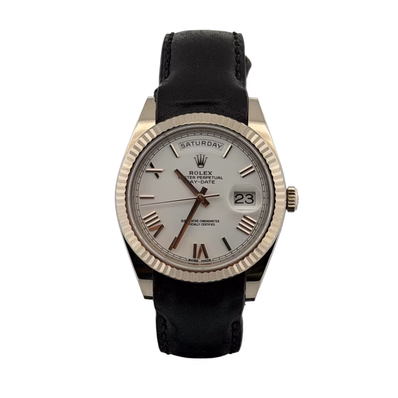 Rolex Day-Date 40 228239 18k White Gold White Roman Dial on Black Leather Strap Rolex Day-Date 40 white gold watch on black leather strap