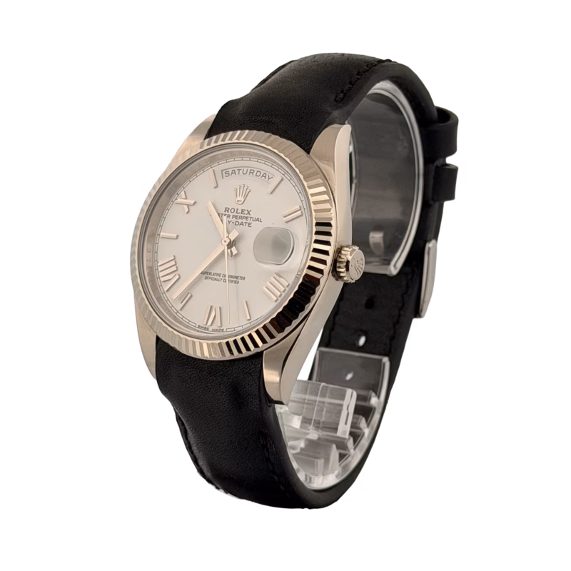 Rolex Day-Date 40 228239 18k White Gold White Roman Dial angled view