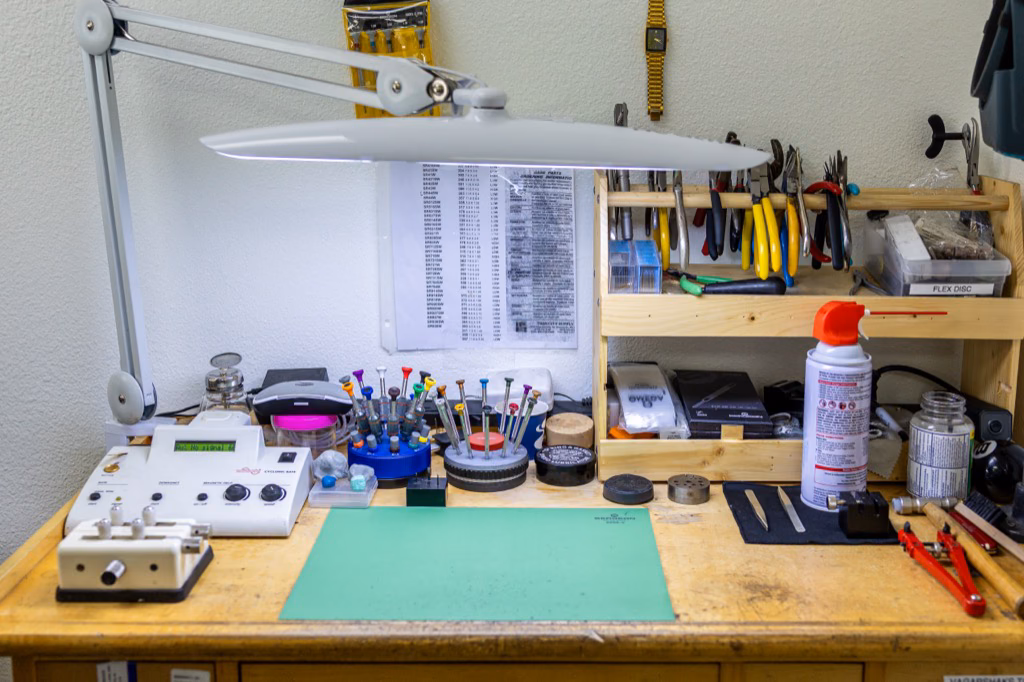 Battery replacement and watch band sizing station at Prestige Watches & Jewelry