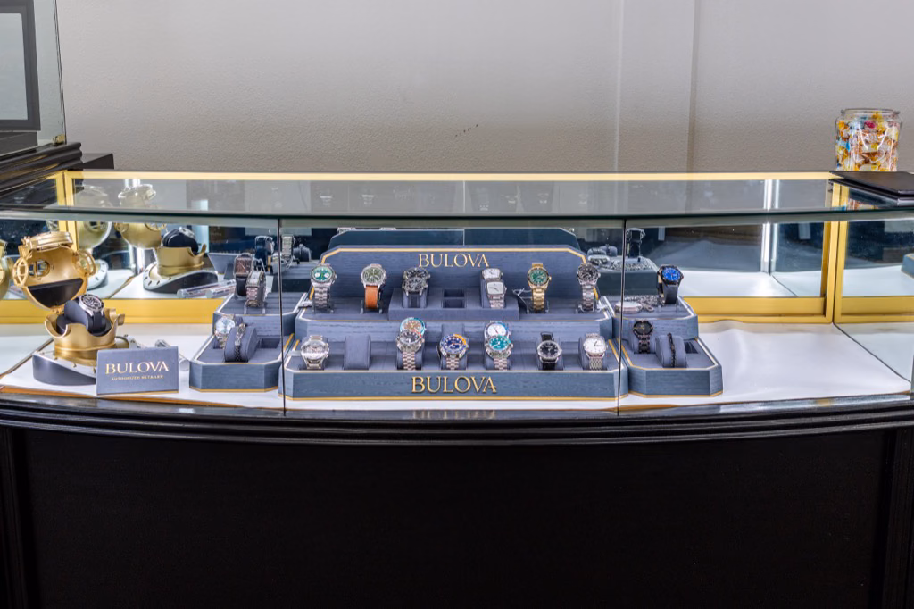 Bulova watch selection in a Prestige Watches & Jewelry showcase