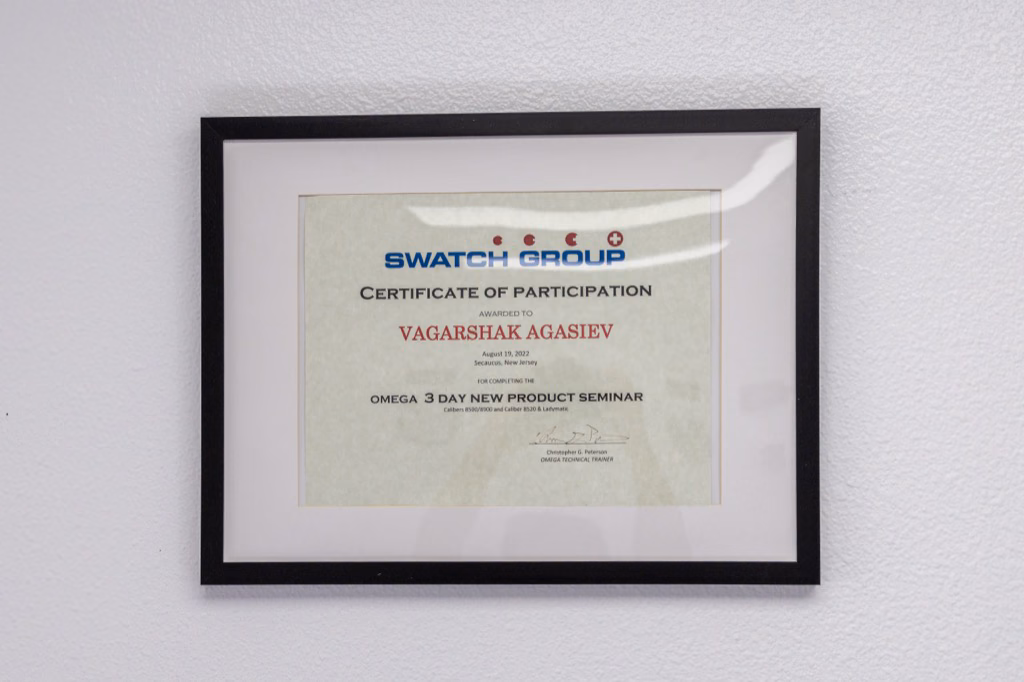 Omega new product seminar certificate at Prestige Watches & Jewelry