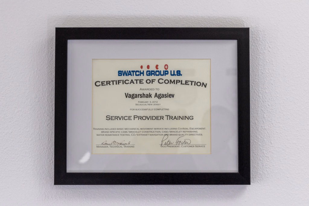 Omega service provider training certificate at Prestige Watches & Jewelry