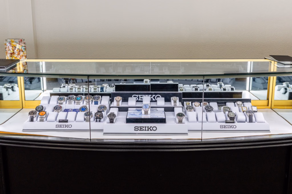 Seiko watch display at Prestige Watches & Jewelry in Parker, Colorado