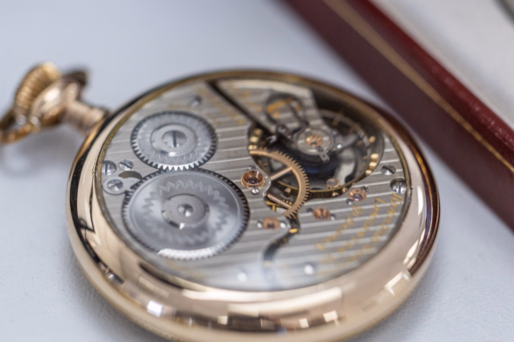 Close-up of a skeleton pocket watch movement