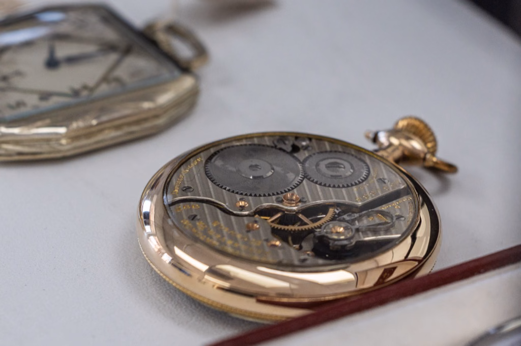 Detailed view of a skeleton pocket watch