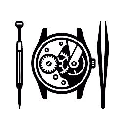 Watch repair tools icon with screwdriver tweezers and watch movement